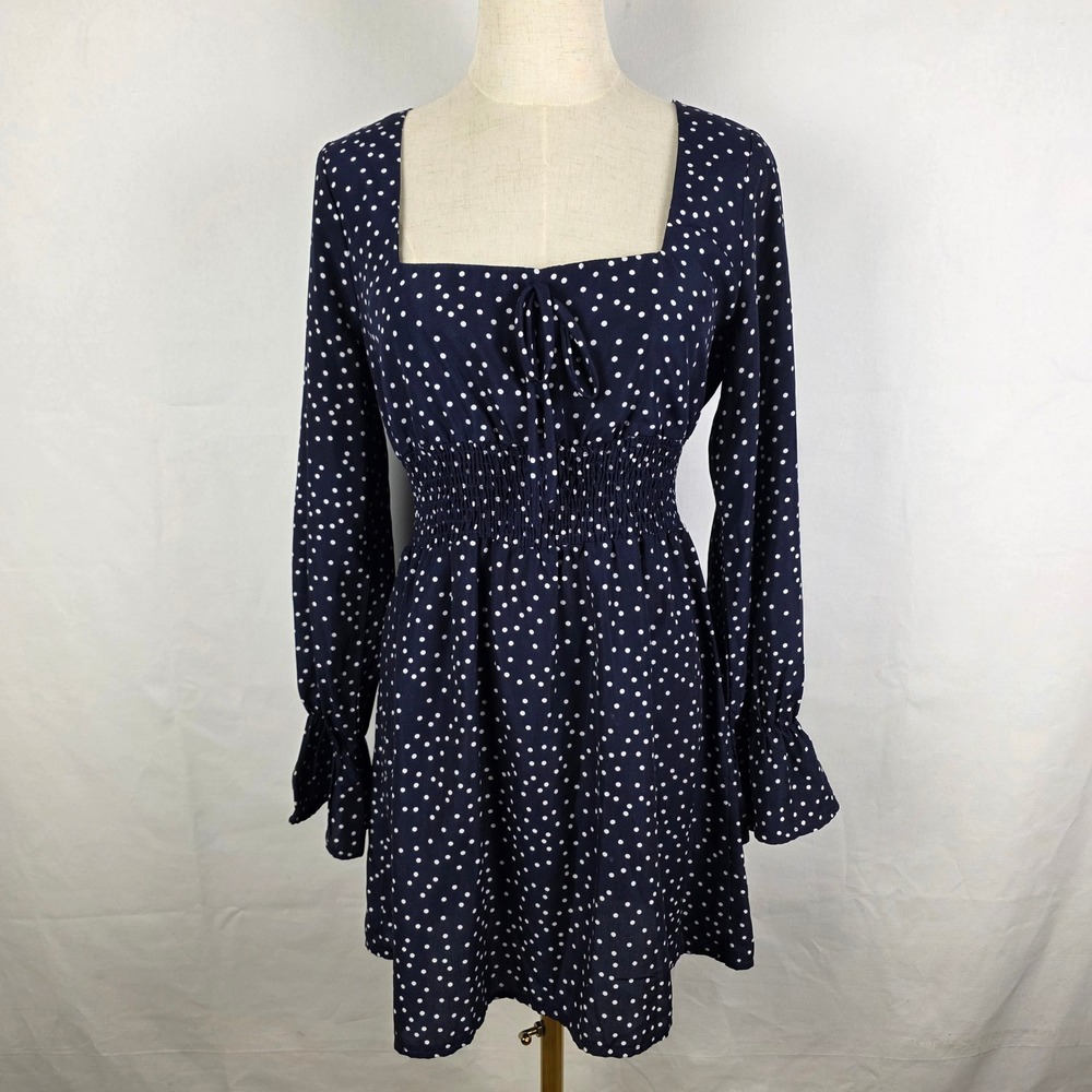 Polly Navy Blue Polka Dot Smocked Waist Mini Dress Long Sleeve Square Neck Sz 8